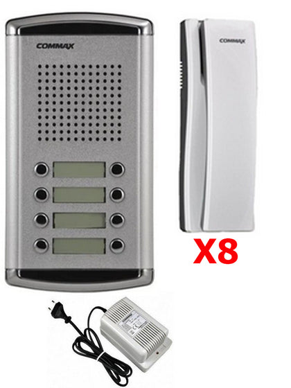 COMMAX DR8AMAP - Kit de frente de calle de audio DR8AM para 8 apartamentos incluye 8 auriculares DPSS y fuente de energía RF1A de 12VDC/ Soporta función de apertura de puerta