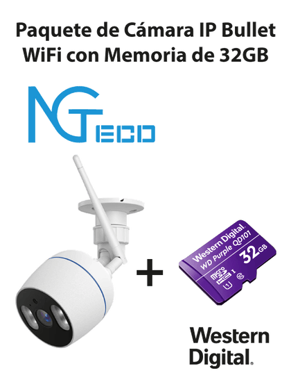NGTECO NGC501PAK - Paquete de Cámara NGC501 IP Bullet WiFi 1080P con Memoria de 32GB Micro SDHC/ Linea Purple/ Clase 10 U1
