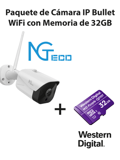 NGTECO NGC401PAK - Paquete de Cámara NGC401 IP Bullet WiFi 1080P con Memoria de 32GB Micro SDHC/ Linea Purple/ Clase 10 U1