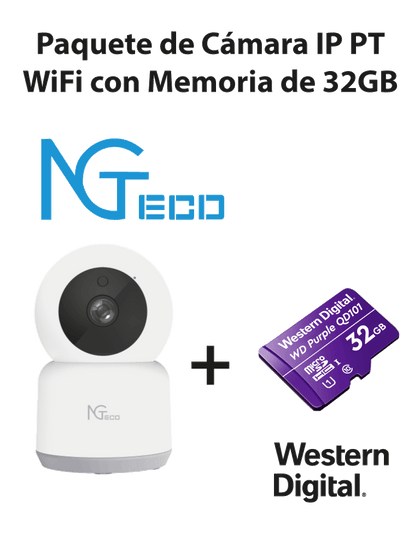 NGTECO NGC2401PAK - Paquete de Cámara NGC2401 IP PT WiFi 1080P con Memoria de 32GB Micro SDHC/ Linea Purple/ Clase 10 U1